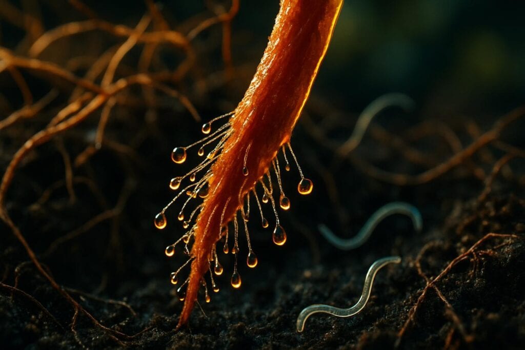 Close-up of marigold roots in dark soil, with a visible tangle of pale root tips releasing exudate into the surrounding earth.