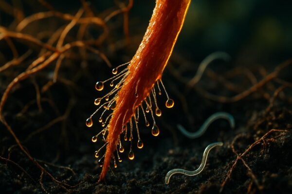 Close-up of marigold roots in dark soil, with a visible tangle of pale root tips releasing exudate into the surrounding earth.