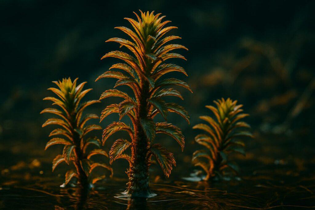 Close-up of dense hydrilla stems and whorled leaves submerged in murky freshwater, showing thick mat-forming growth.