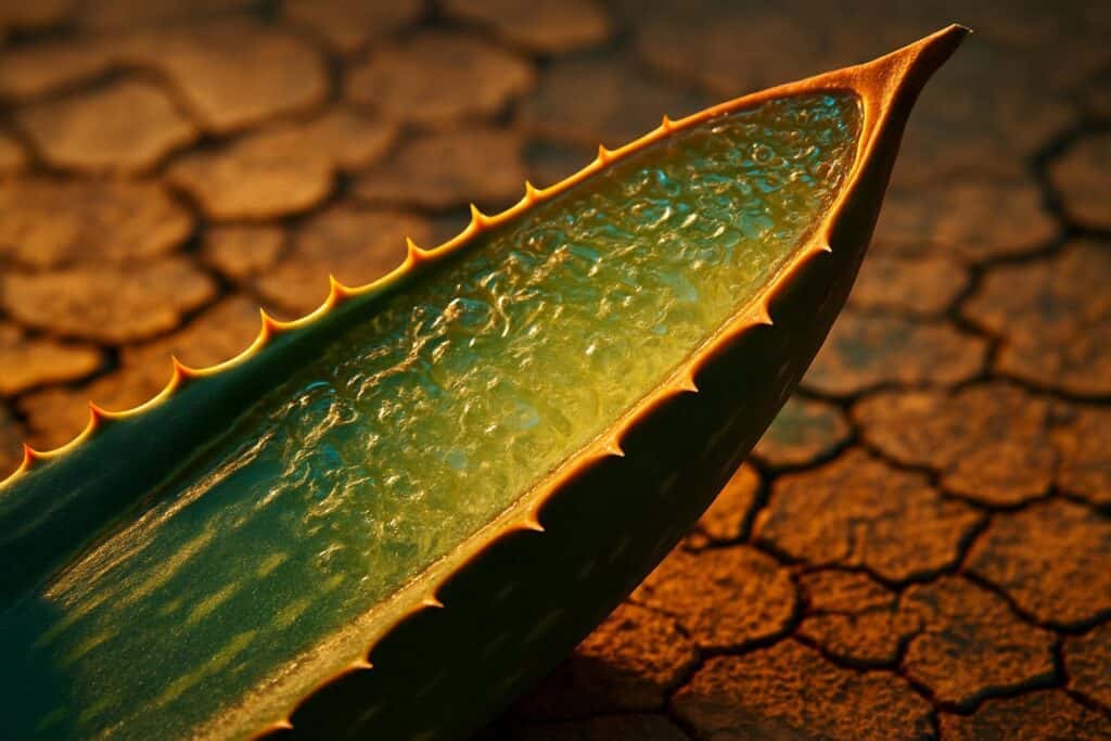 Cross-section of a fresh aloe vera leaf showing clear gel interior surrounded by green outer rind on a white surface.