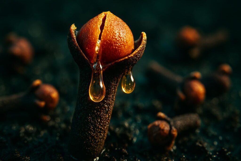 Close-up of dried whole clove buds scattered on a wooden surface, showing dark brown texture and stem detail.