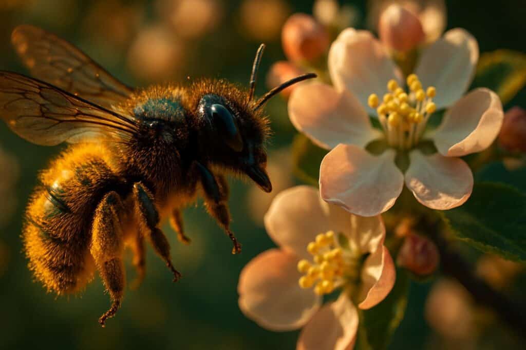 Close-up of a metallic blue-black Osmia lignaria mason bee on a white apple blossom, abdomen dusted with pale pollen.