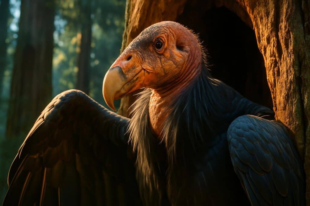A California condor perched on a moss-covered old-growth redwood branch, wings partially spread, against a coastal fog backdrop.