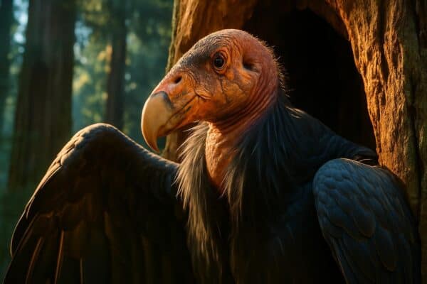 A California condor perched on a moss-covered old-growth redwood branch, wings partially spread, against a coastal fog backdrop.