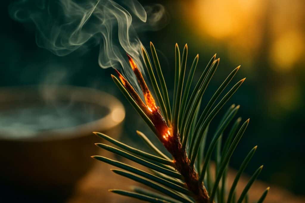 A small pot of pine needles simmering in water on a stovetop, releasing visible steam into a kitchen.