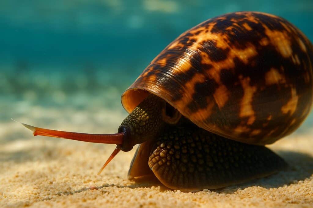 A cone snail extends its proboscis toward a small fish on a coral reef, venom tooth poised to fire.