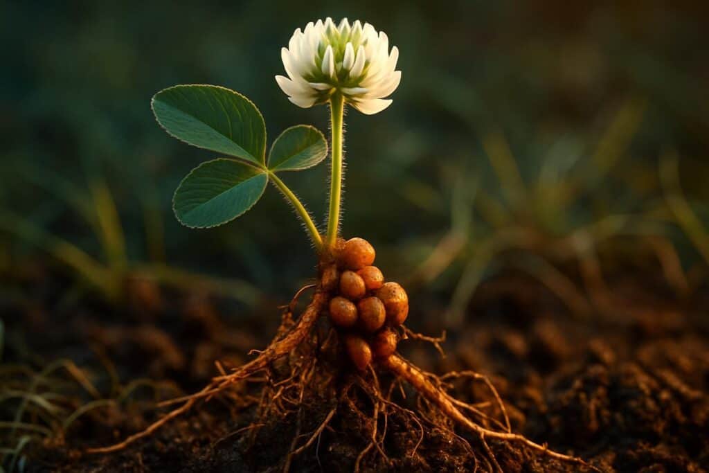Close-up of white clover growing among grass blades, showing small round white flower heads and trifoliate leaves.