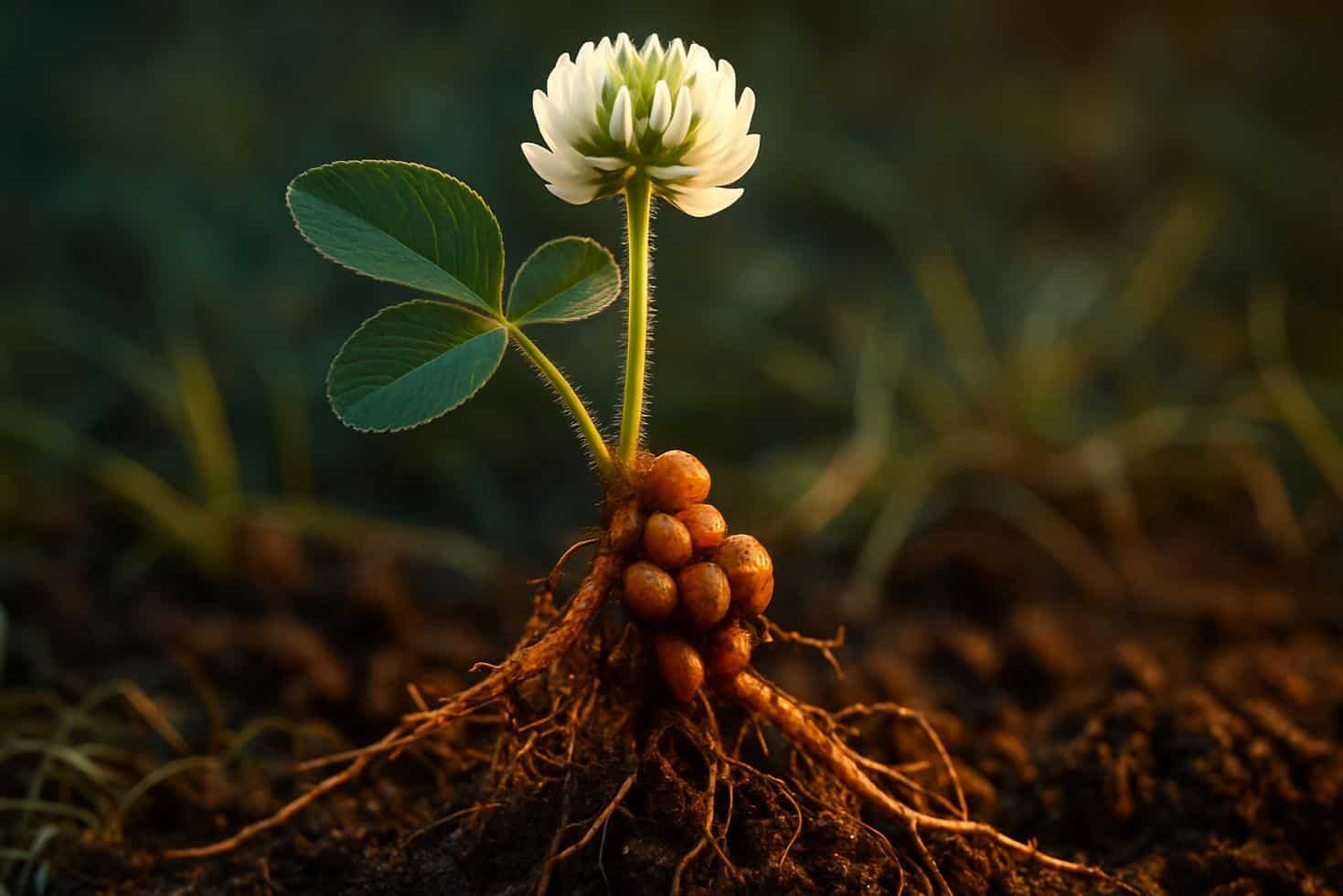 Close-up of white clover growing among grass blades, showing small round white flower heads and trifoliate leaves.