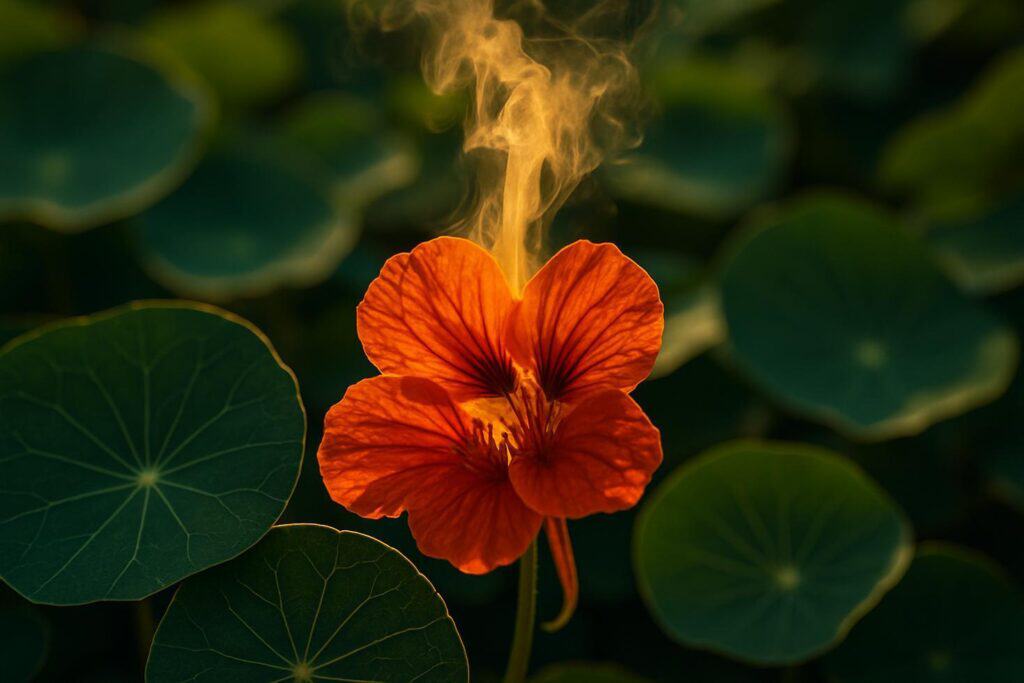 Close-up of bright orange and yellow nasturtium flowers with round green leaves, showing the whole plant in a garden setting.