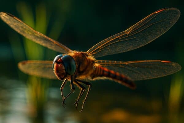 Close-up of a dragonfly in flight against a blurred green background, compound eyes prominent, wings fully extended mid-stroke.