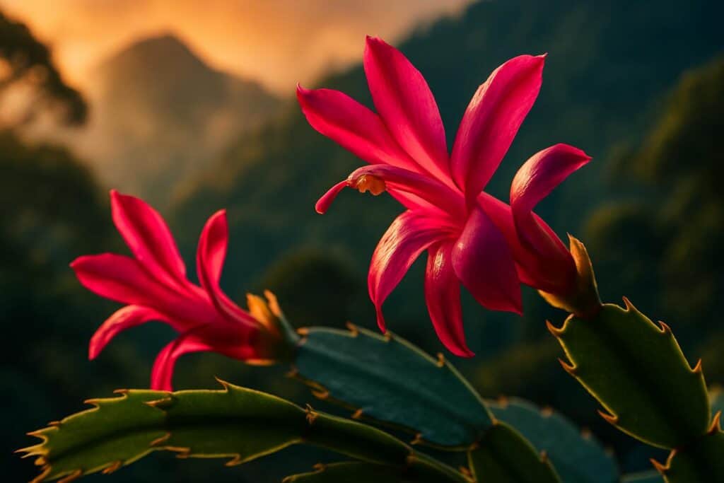 A Christmas cactus with pink-red tubular flowers blooming at stem tips, set against a dark background indoors.