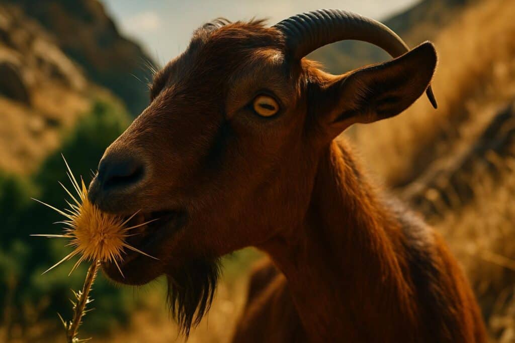 A herd of goats grazing on a dry, steep hillside covered in yellow star-thistle and dry brush in California.