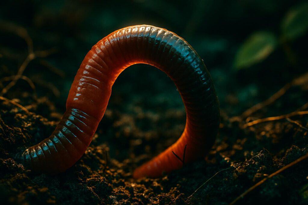 Close-up of dark, crumbly earthworm castings on bare garden soil beside an active burrow entrance.