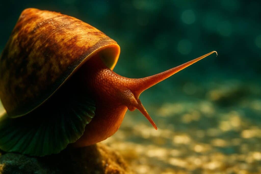 A patterned Conus magus cone snail on a sandy reef floor, its narrow end pointing toward the camera, shell about 5 cm long.