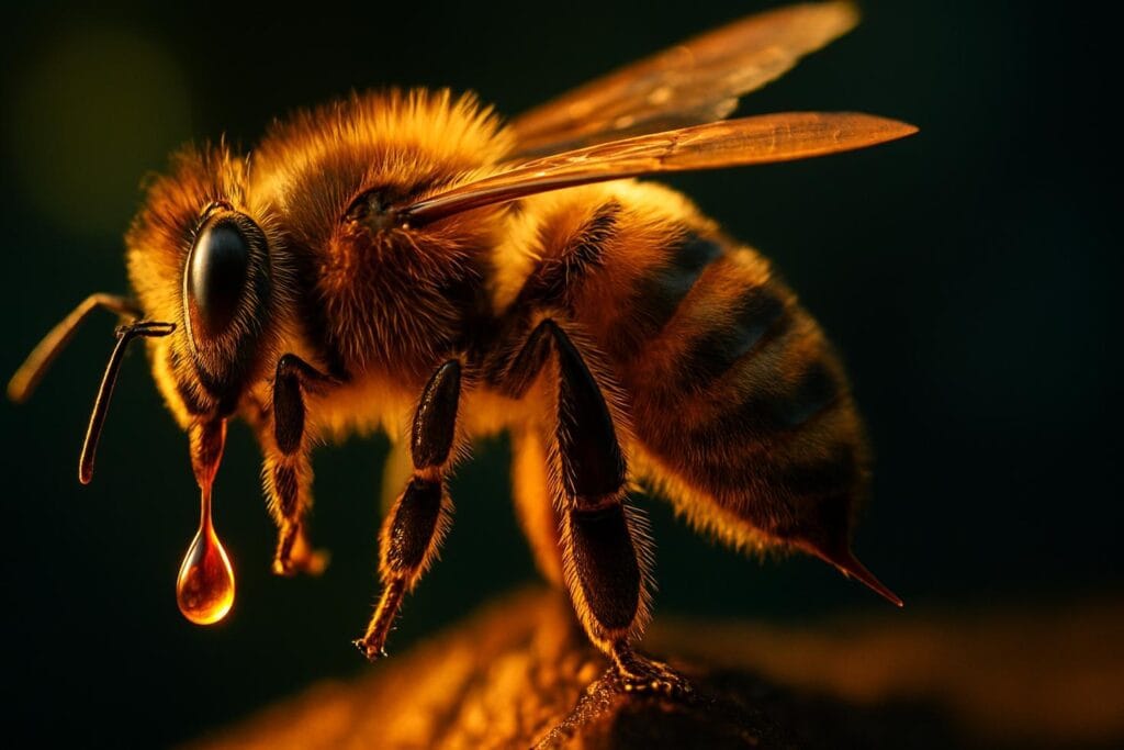 Close-up of a honeybee on a white surface with a visible stinger, beside a molecular diagram of the melittin peptide structure.