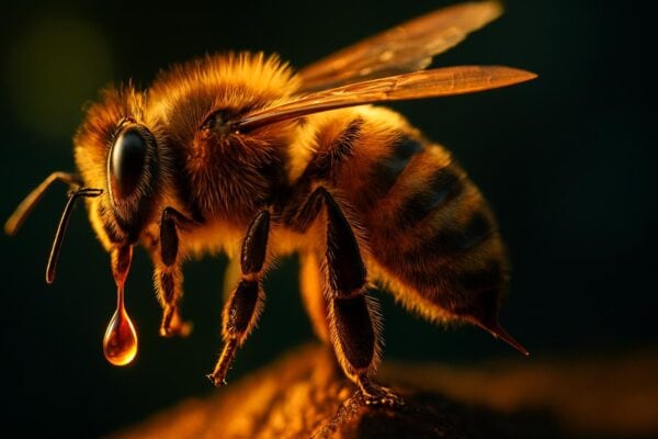 Close-up of a honeybee on a white surface with a visible stinger, beside a molecular diagram of the melittin peptide structure.