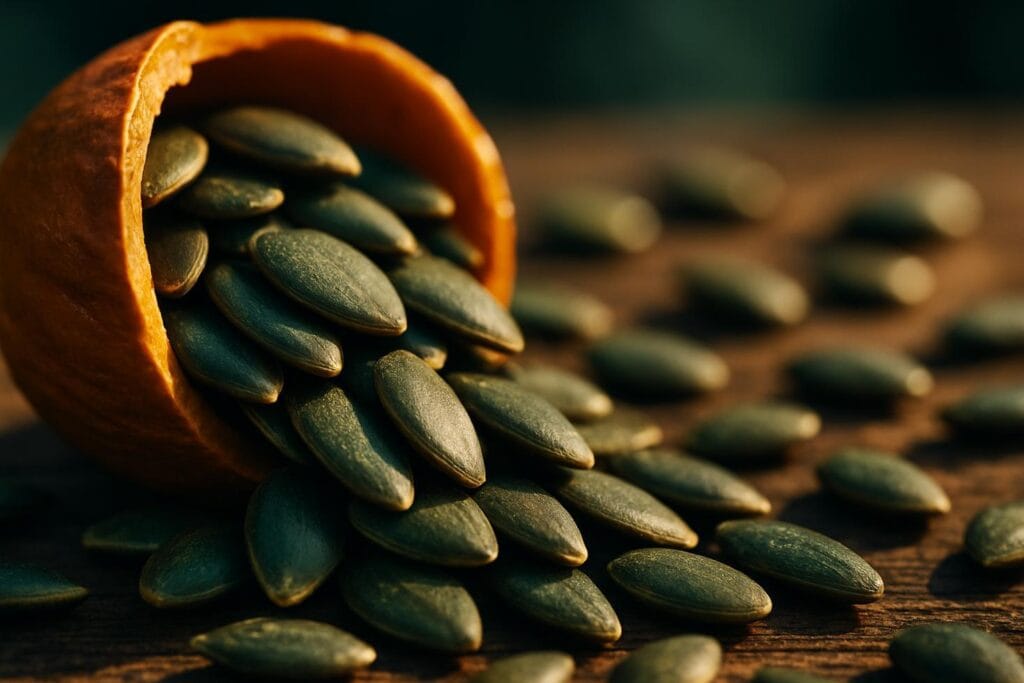 A small pile of raw green pumpkin seed kernels scattered on a white surface, shown close up.