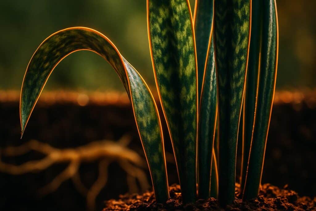 Close-up of a bent snake plant leaf with a visible crease, green tissue intact, growing from soil in a pot.