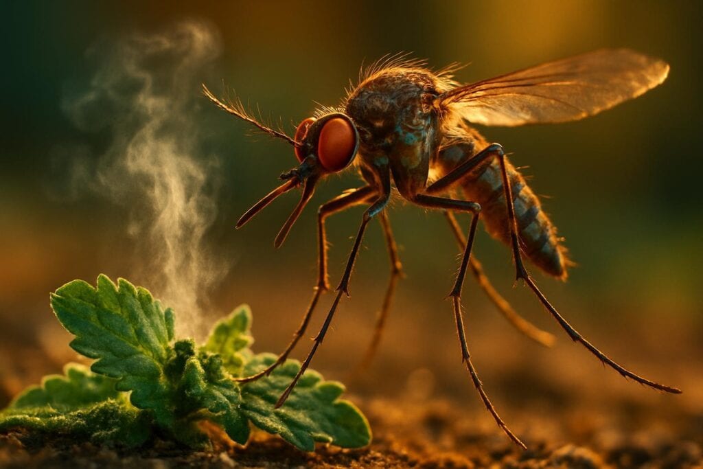 Close-up of crushed catnip leaves releasing visible oils, with a mosquito in the background turning away.