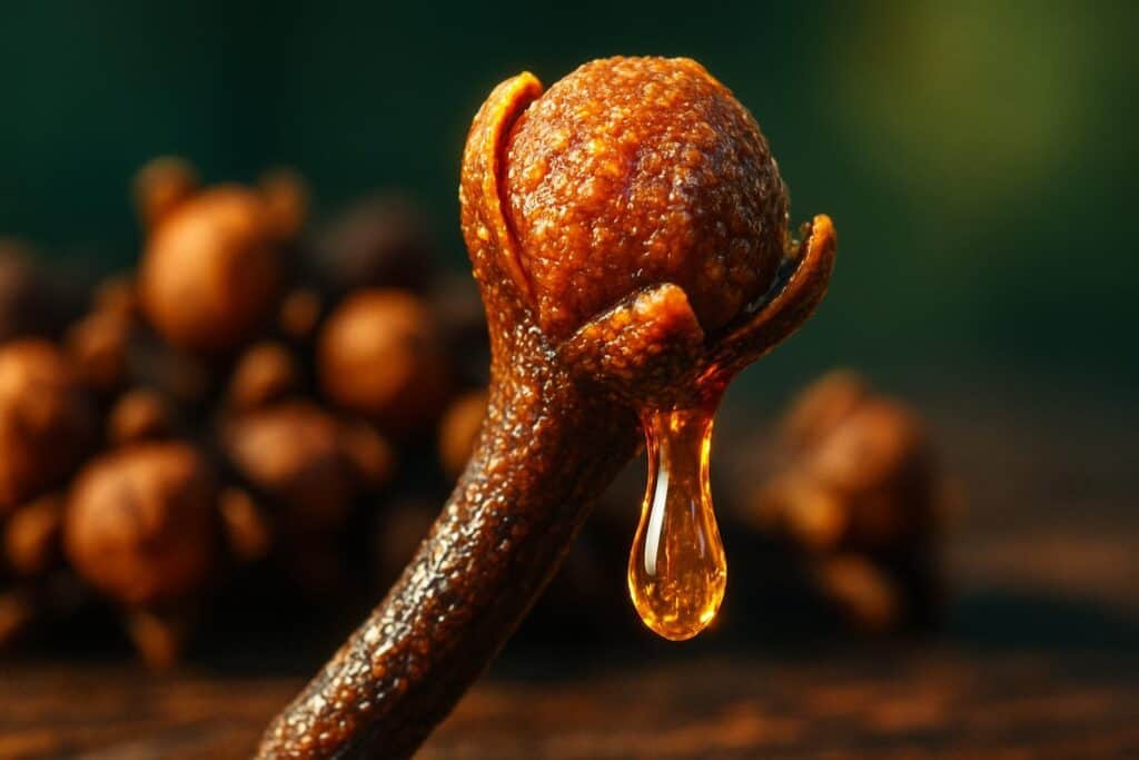 Close-up of dried clove buds scattered on a wooden surface, showing their dark brown color and compact bud structure.