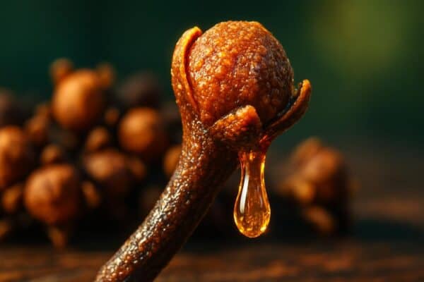 Close-up of dried clove buds scattered on a wooden surface, showing their dark brown color and compact bud structure.