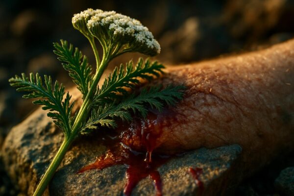 Close-up of white yarrow flower clusters with feathery green leaves growing in a sunny grassy field.