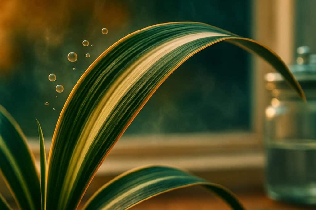A potted spider plant with arching green-and-white striped leaves photographed on a windowsill in natural light.
