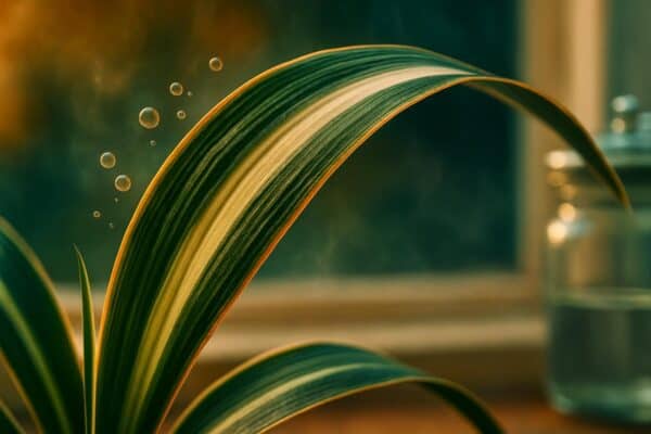 A potted spider plant with arching green-and-white striped leaves photographed on a windowsill in natural light.