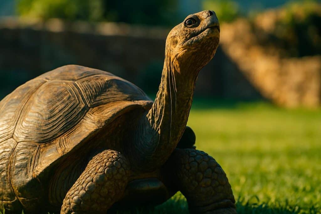 Jonathan the Seychelles giant tortoise resting on green grass at Plantation House, Saint Helena, South Atlantic.