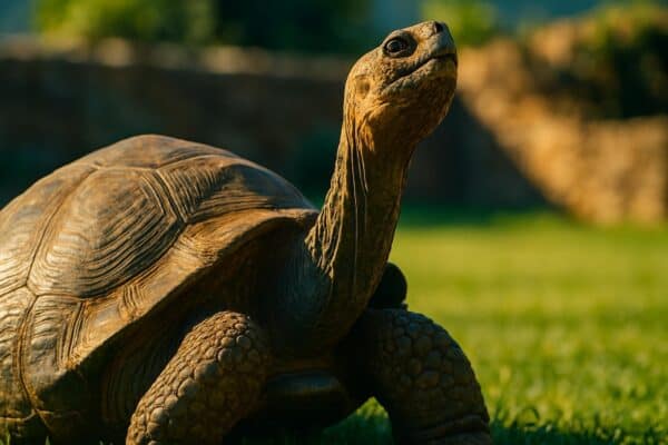Jonathan the Seychelles giant tortoise resting on green grass at Plantation House, Saint Helena, South Atlantic.