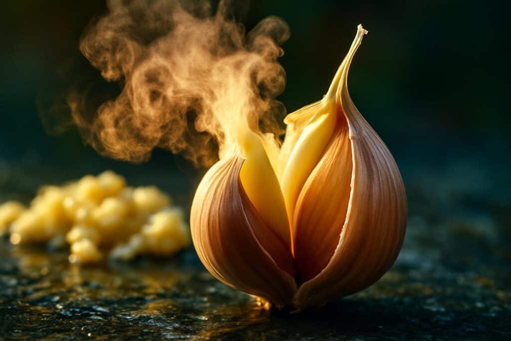 Close-up of a crushed garlic clove on a wooden cutting board with visible cell damage and pungent oils releasing.