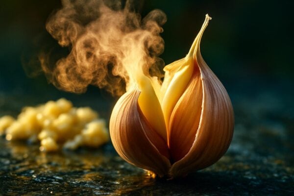 Close-up of a crushed garlic clove on a wooden cutting board with visible cell damage and pungent oils releasing.