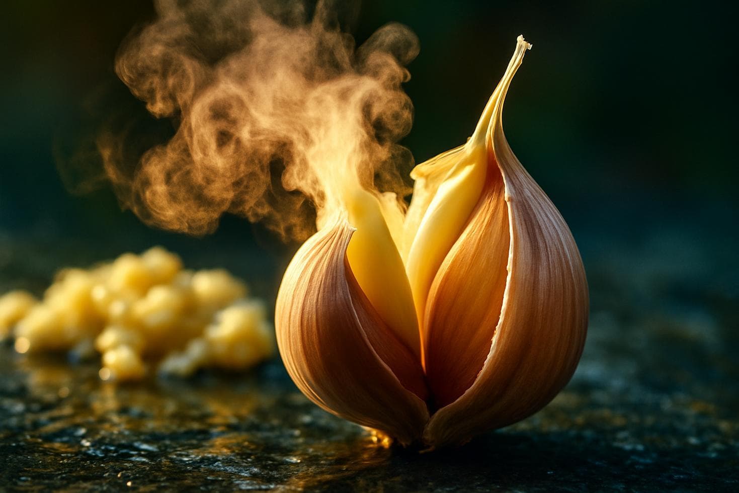 Close-up of a crushed garlic clove on a wooden cutting board with visible cell damage and pungent oils releasing.