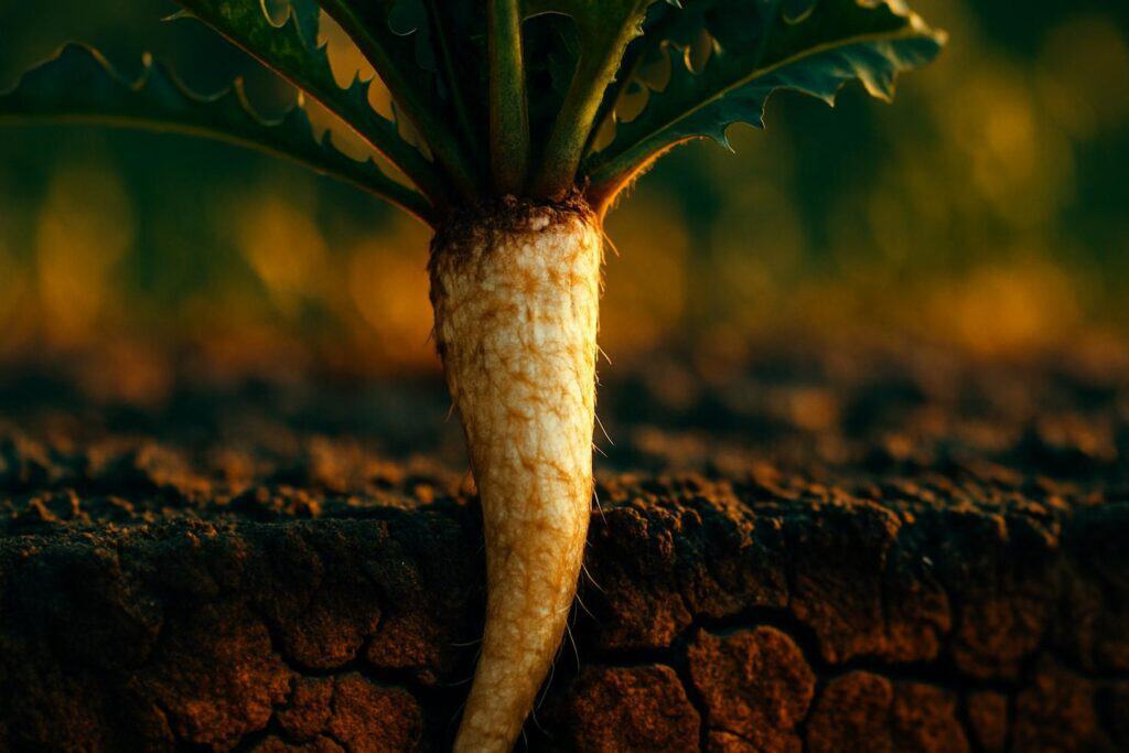 Close-up of a dandelion taproot pulled from soil, showing its long pale vertical root beside a ruler on dark earth.