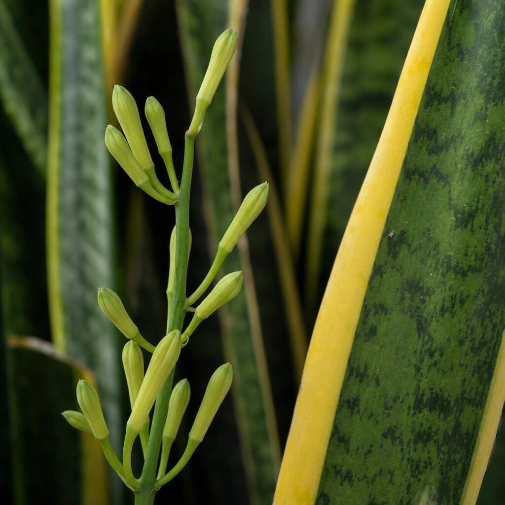 A slender snake plant flower spike bears clusters of unopened green buds beside a mottled leaf edged in bright yellow.