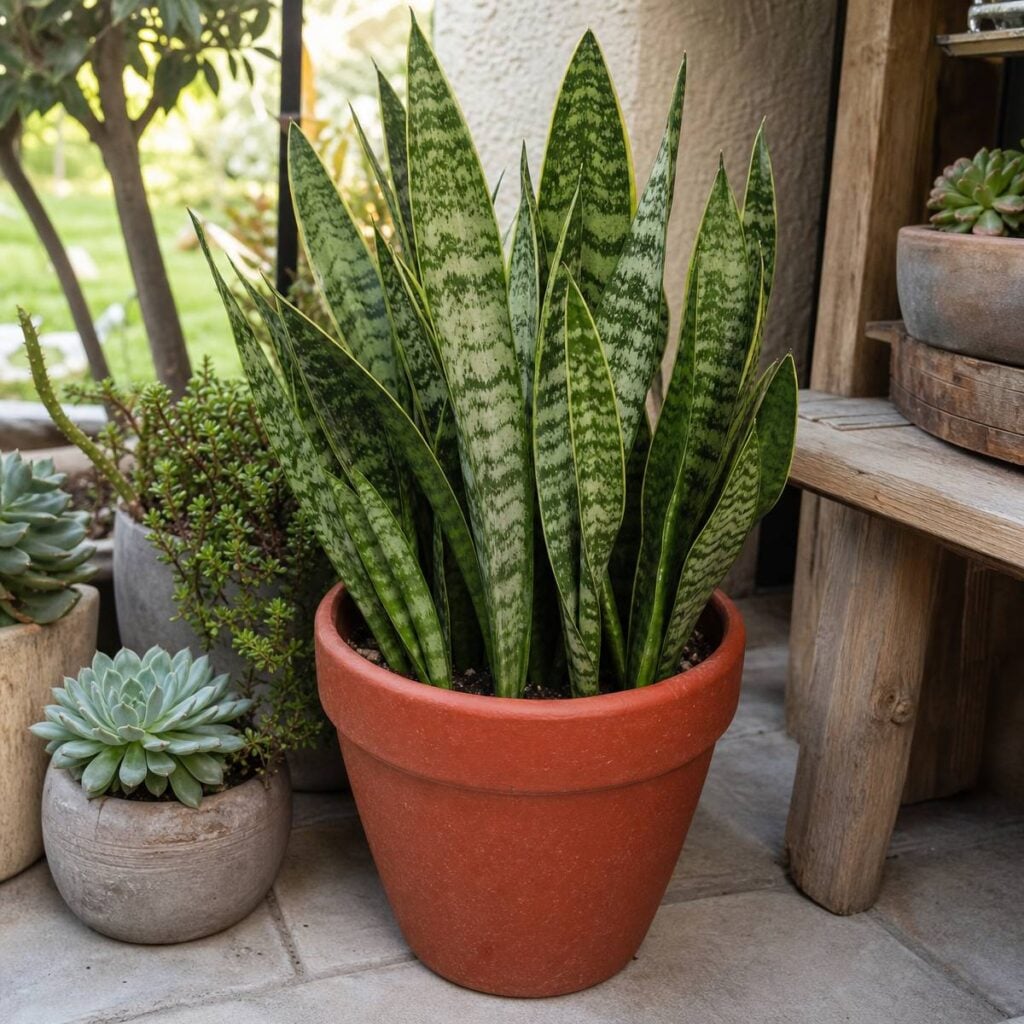 A snake plant with tall, upright pale-banded green leaves stands in a red terracotta pot on a stone patio beside potted echeveria and other succulents.