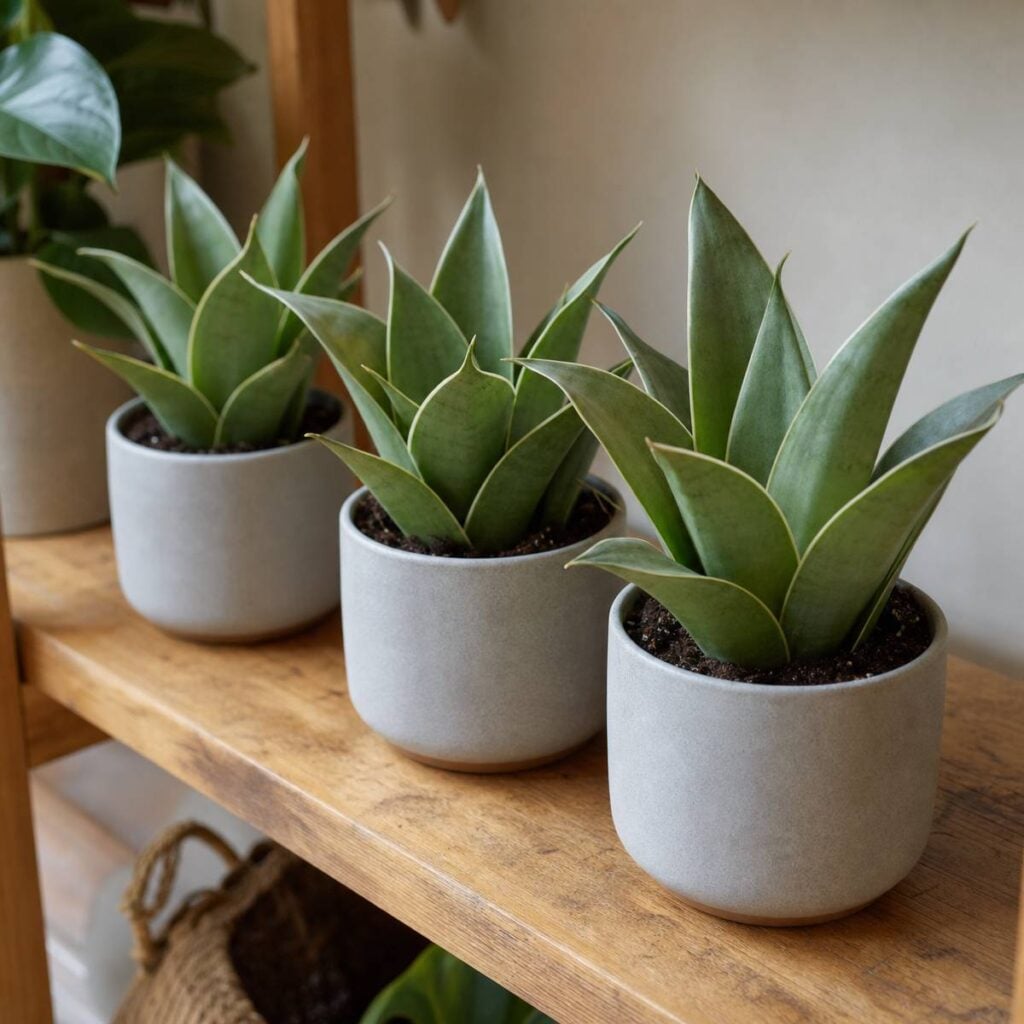 Three young sansevieria plants with pointed green leaves sit in matching gray ceramic pots along a wooden shelf indoors.