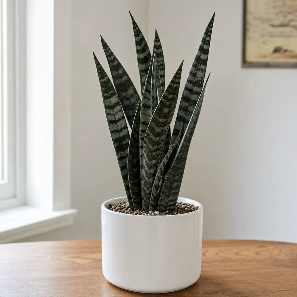 A dark green, silver-banded snake plant with upright pointed leaves grows in gritty soil within a white ceramic pot on a wooden table.