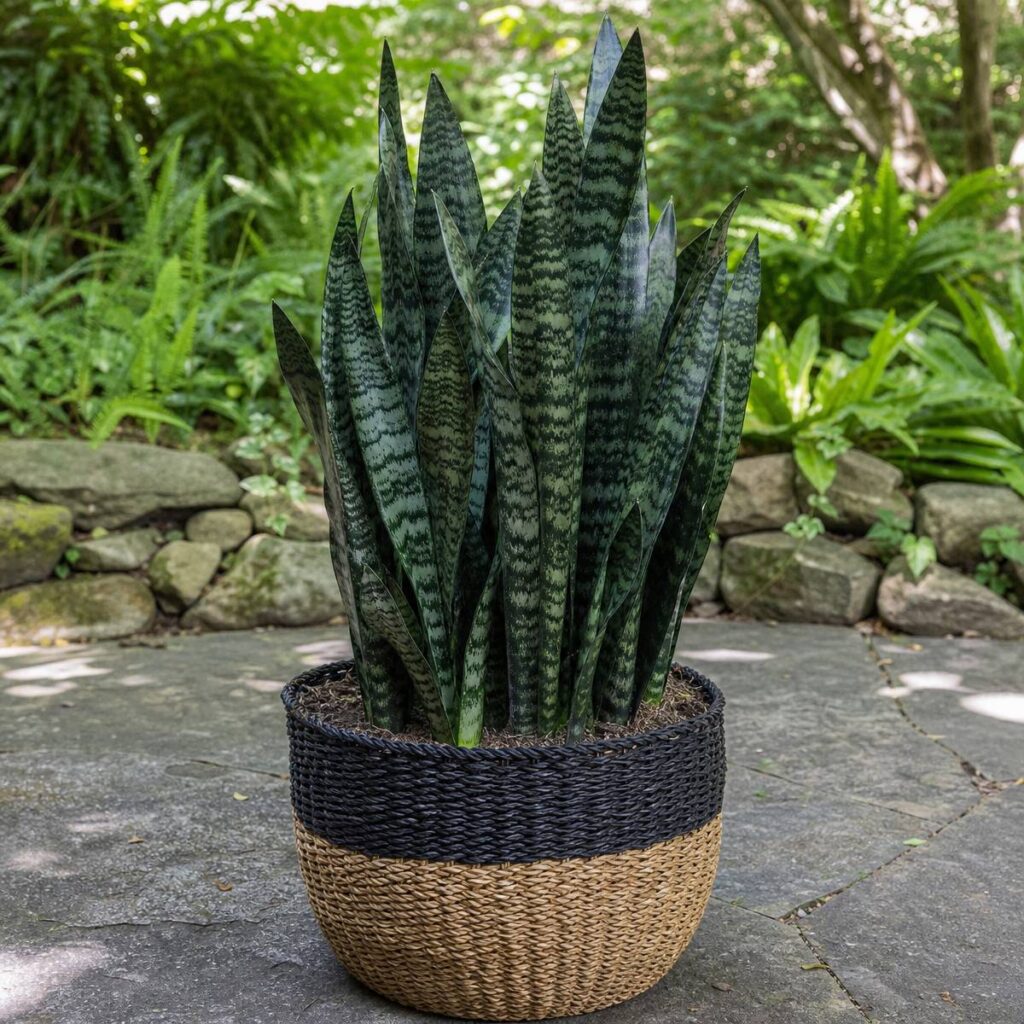 A dense clump of upright, dark green snake plant leaves with silvery horizontal banding grows in a black-and-tan woven basket on a stone patio surrounded by ferns.
