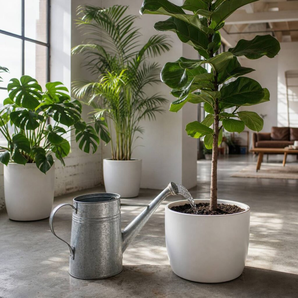A galvanized watering can rests on a concrete floor, pouring water into a fiddle-leaf fig's soil, with monstera and palm plants nearby in a bright loft.