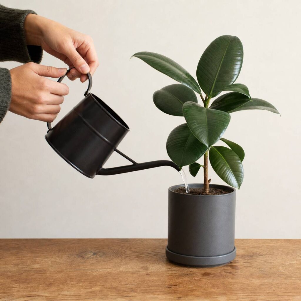 Two hands pour water from a black metal watering can onto a glossy-leaved rubber plant in a dark pot on a wooden table.