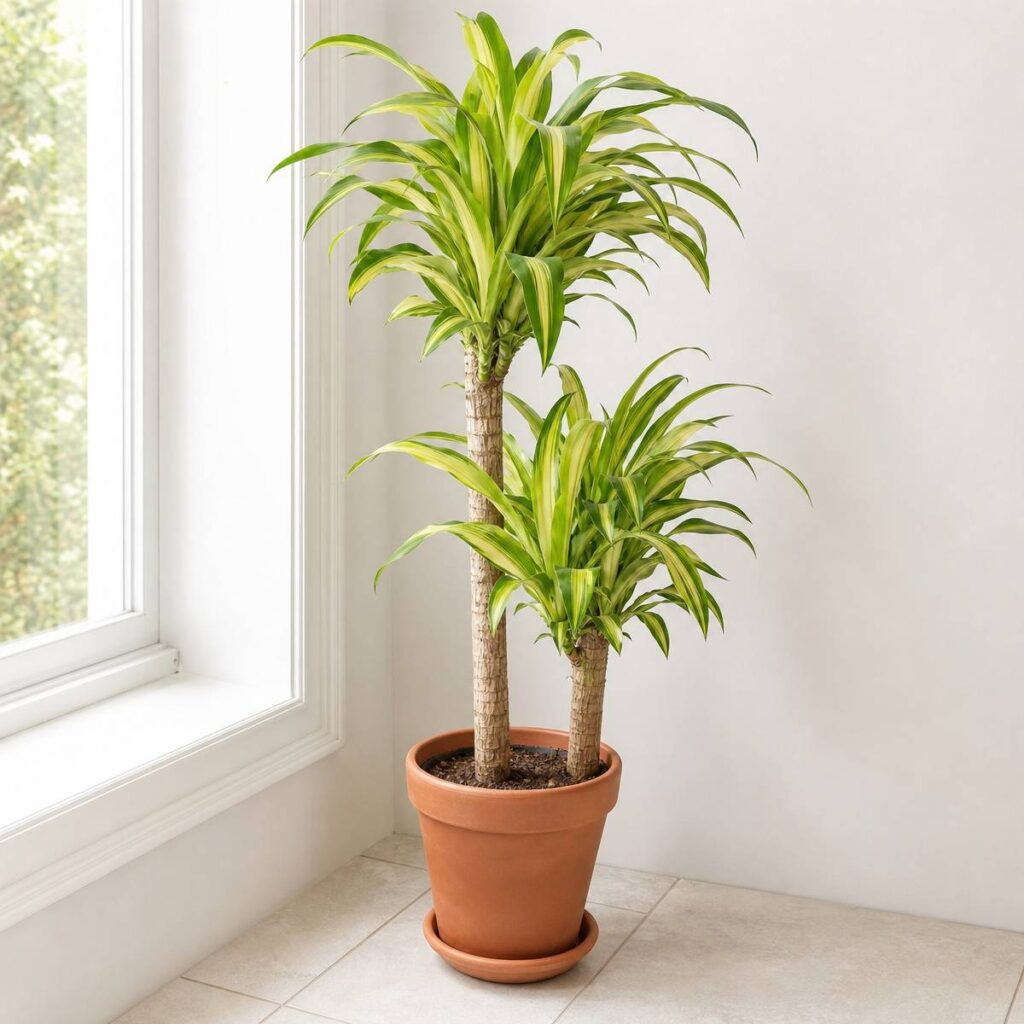 A potted dracaena Lemon Lime with two leafy heads atop bare canes stands in a terracotta pot near a sunlit window with tiled flooring.