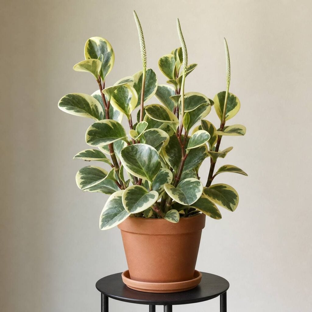 A variegated peperomia with glossy cream-edged leaves and reddish stems sends up several slender upright green flower spikes from a terracotta pot on a black stand.