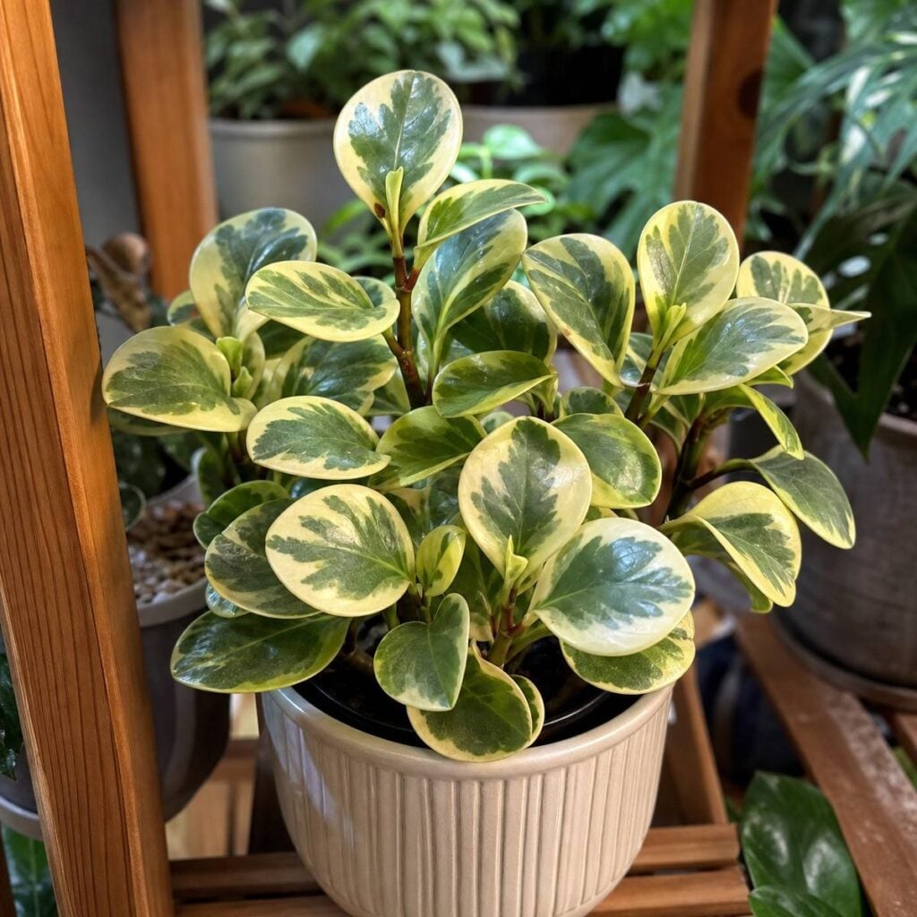 A potted variegated peperomia with glossy cream-and-green marbled rounded leaves sits on a wooden shelf among blurred green houseplants indoors.