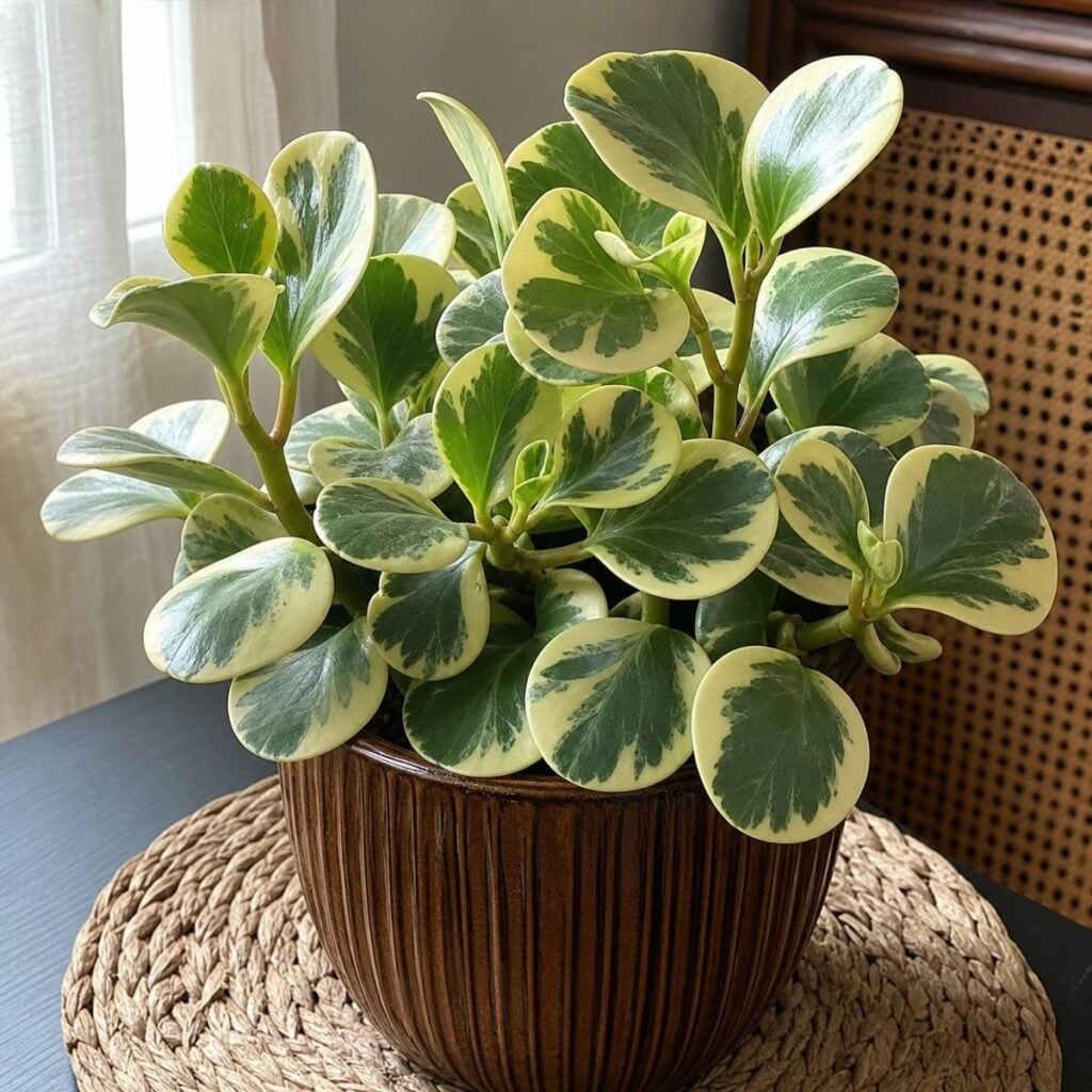 A variegated baby rubber plant with glossy cream and green leaves sits in a ribbed brown ceramic pot on a woven seagrass mat by a window.
