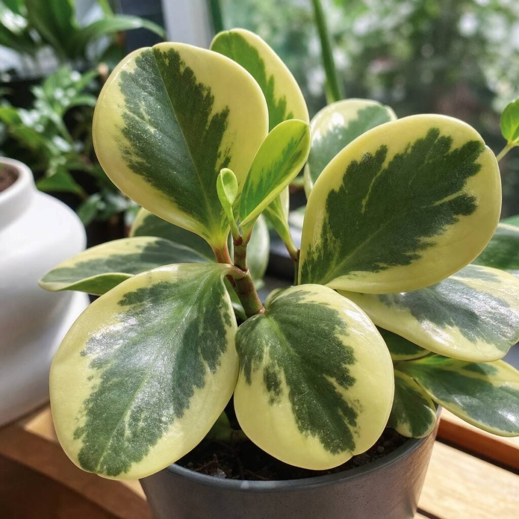 A close-up of a variegated baby rubber plant with glossy cream and dark green marbled leaves, potted on a bright windowsill beside blurred houseplants.