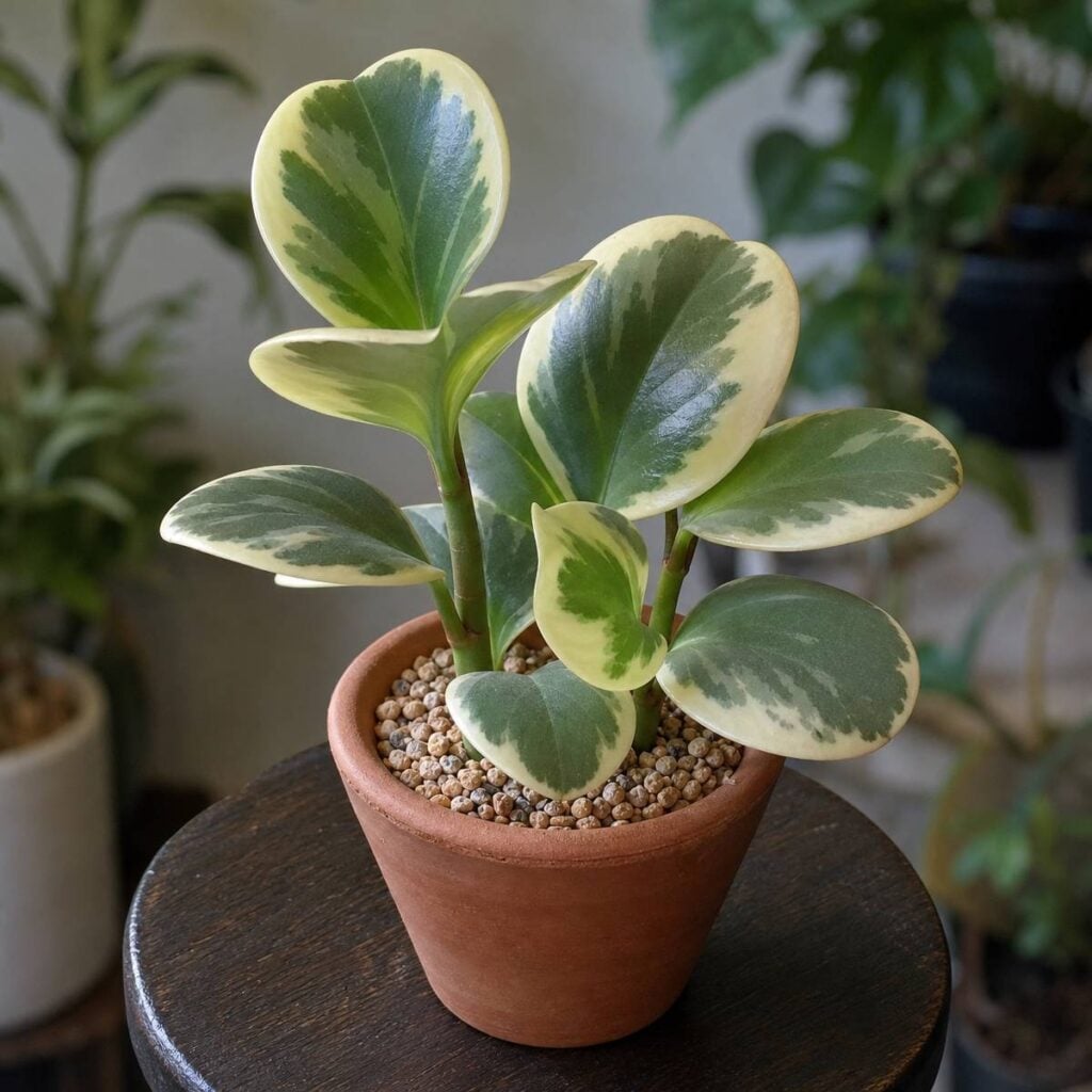 A young variegated baby rubber plant with glossy cream-and-green rounded leaves grows in a terracotta pot topped with gravel, set on a dark wooden stool.
