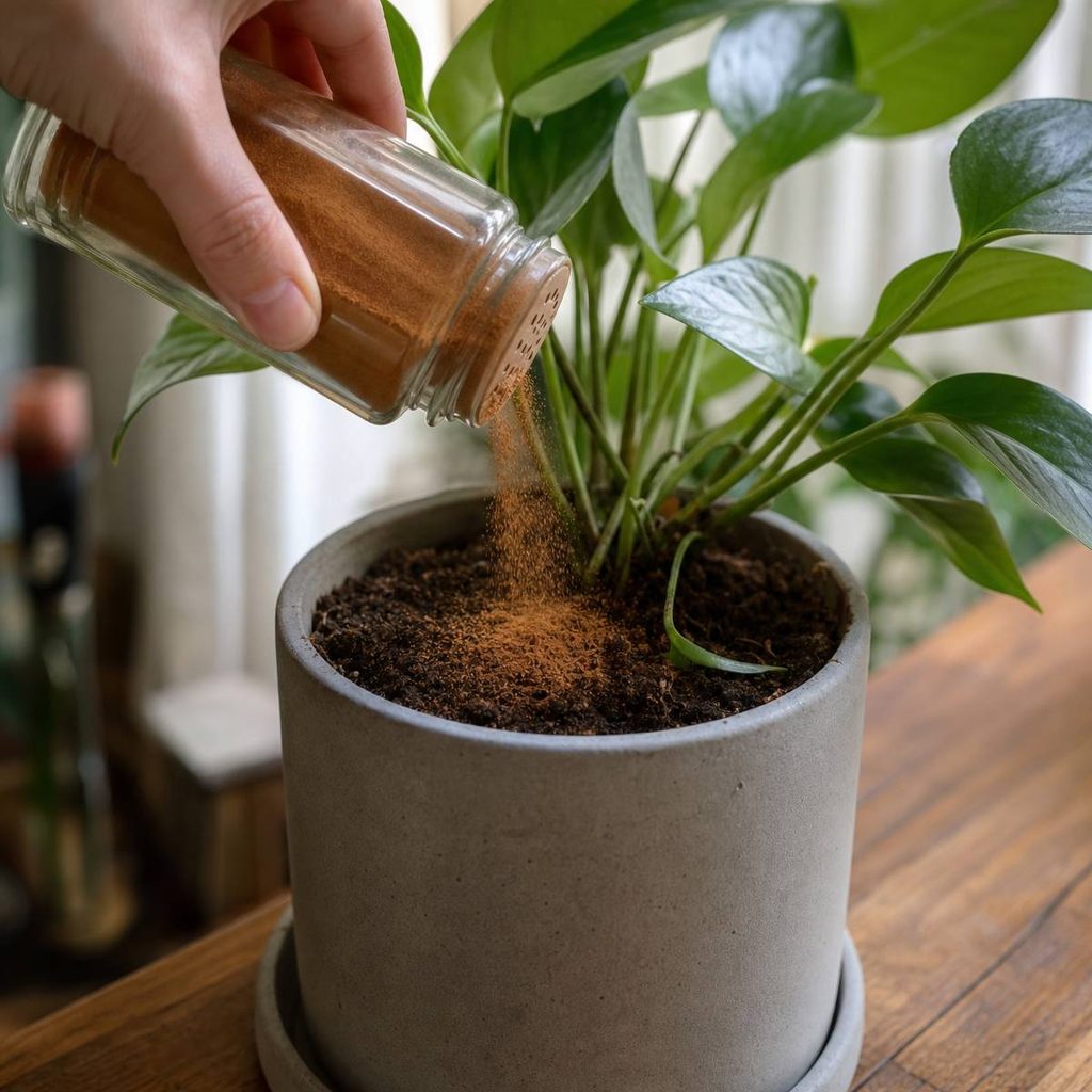 A hand tips an unlabeled glass shaker, sprinkling ground cinnamon over dark soil in a gray pot holding a leafy green houseplant on a wooden table.