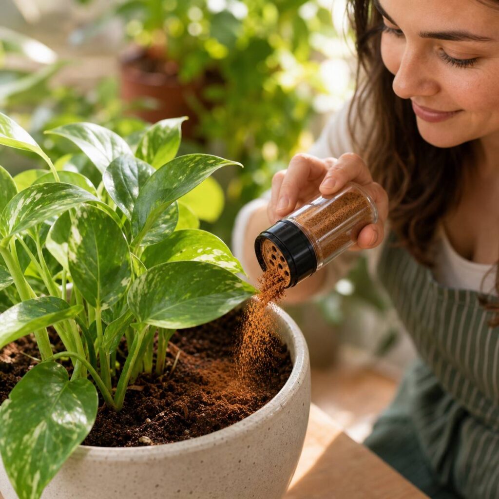 A woman sprinkles cinnamon powder from a shaker onto the soil of a potted pothos plant on a wooden table.
