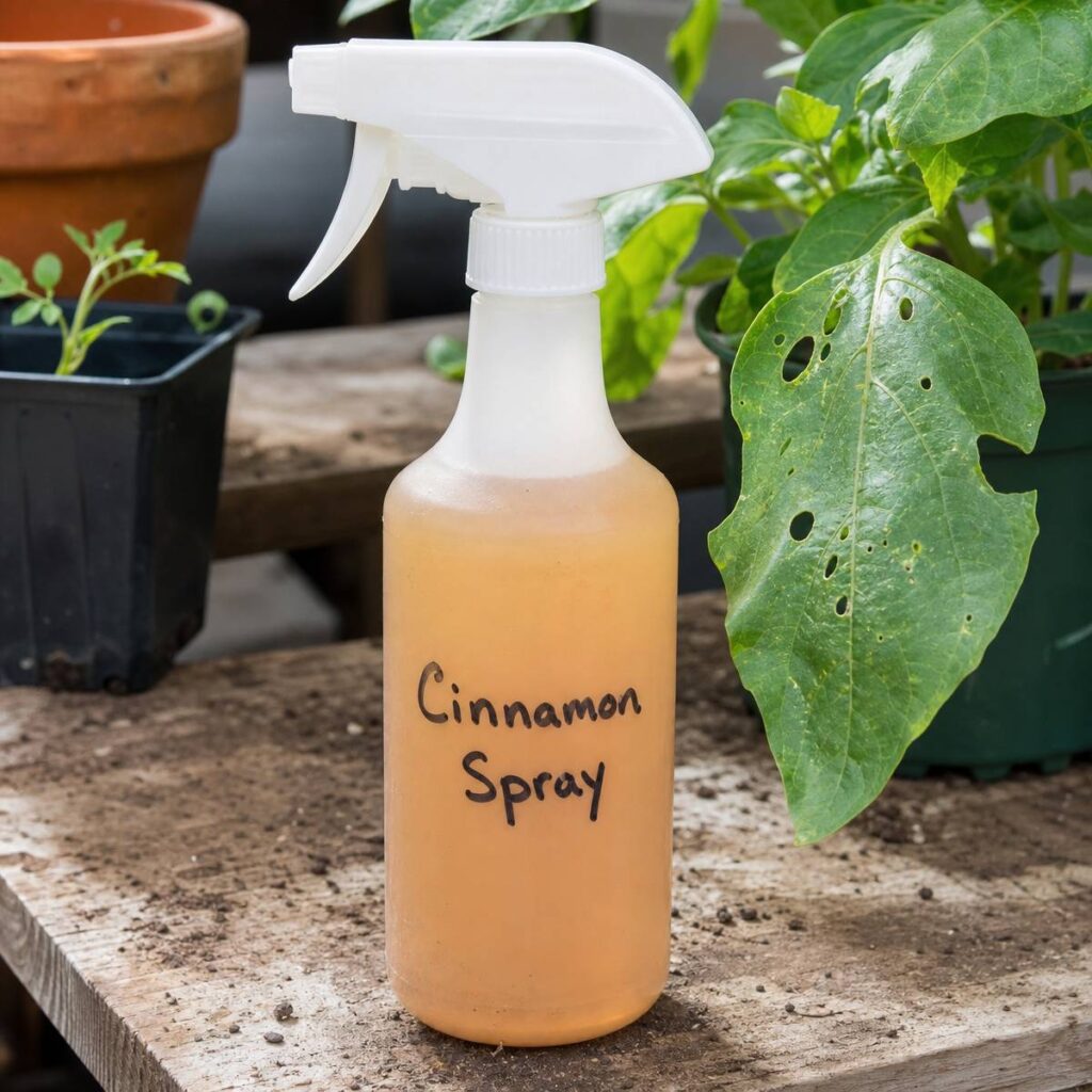 A hand-labeled spray bottle marked cinnamon spray sits on a wooden potting bench beside a chewed leaf and potted seedlings in natural light.